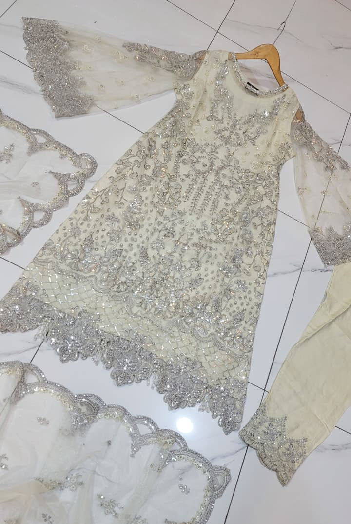 Pakistani women's off white organza A-Line shirt back view