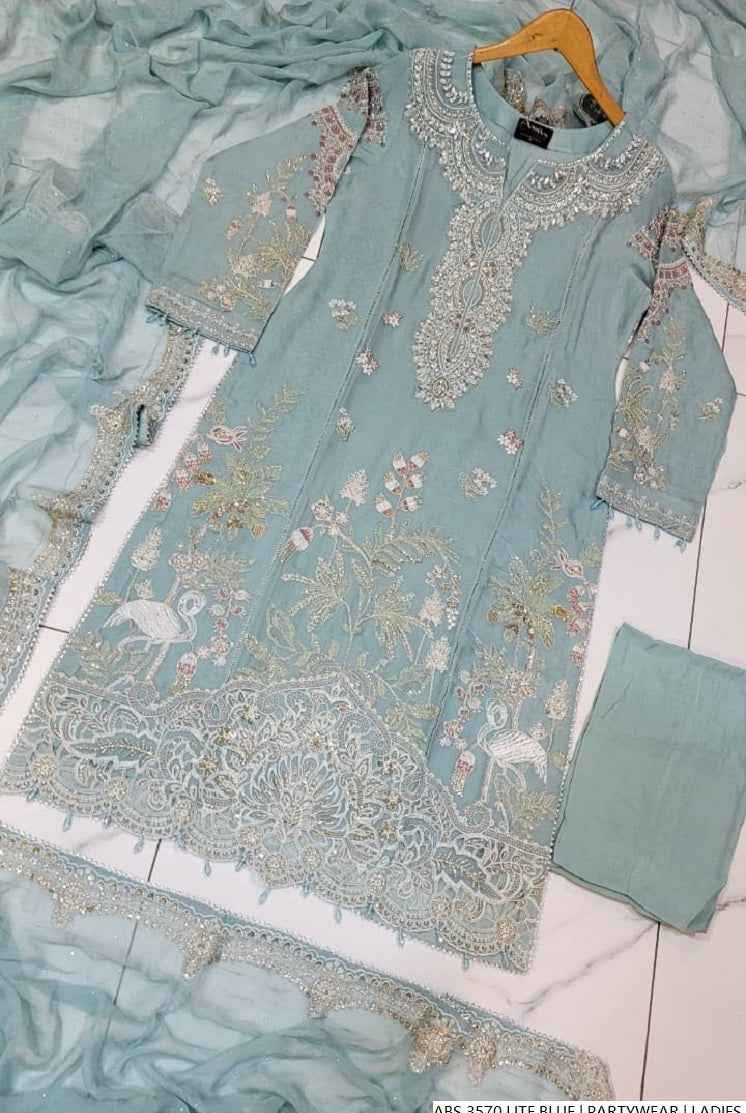 Pakistani women's light blue organza straight shirt back view