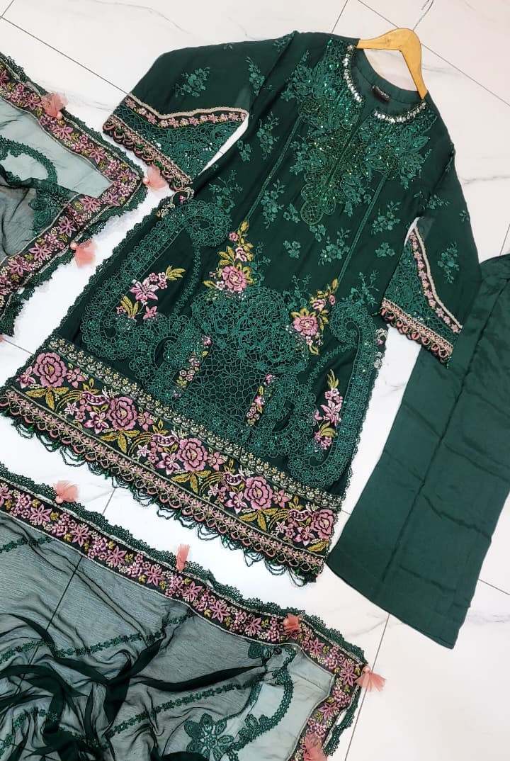 Pakistani women's bottle green organza A-Line shirt back view