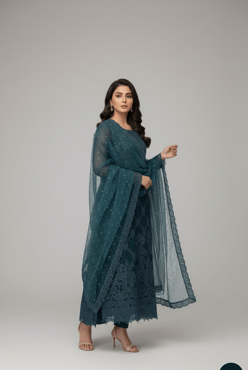 Pakistani women's zinc grey chiffon straight shirt back view