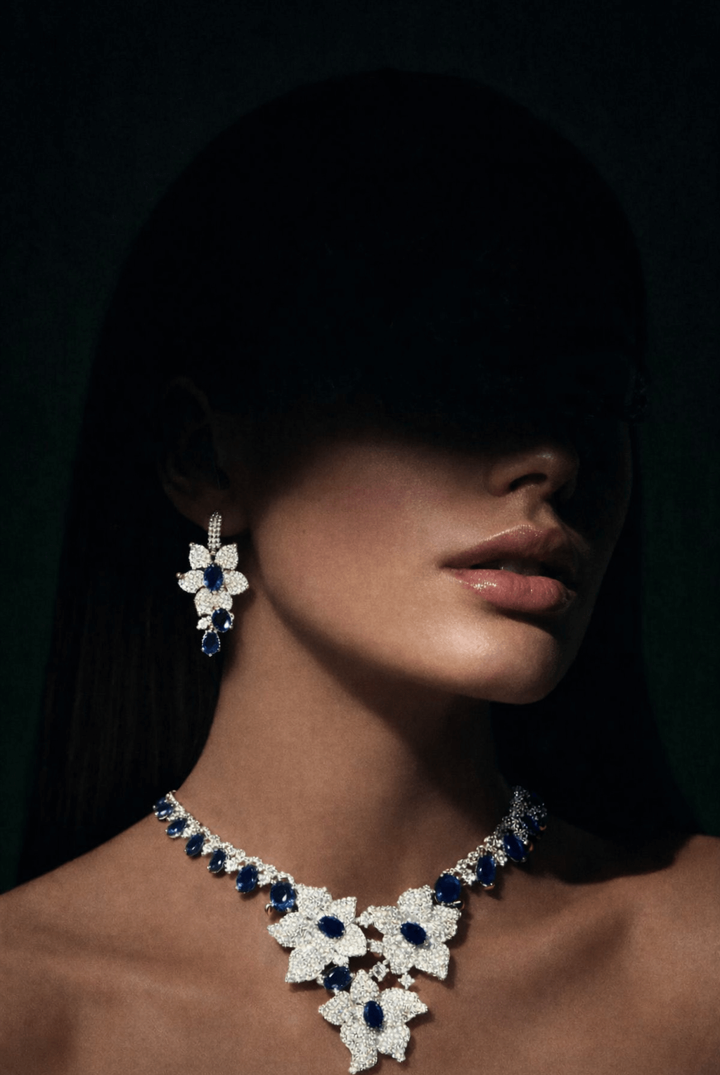 Midnight bloom sapphire set 1 carat - Pakistani women's luxury formal jewelry with deep sapphire stones and floral design front view