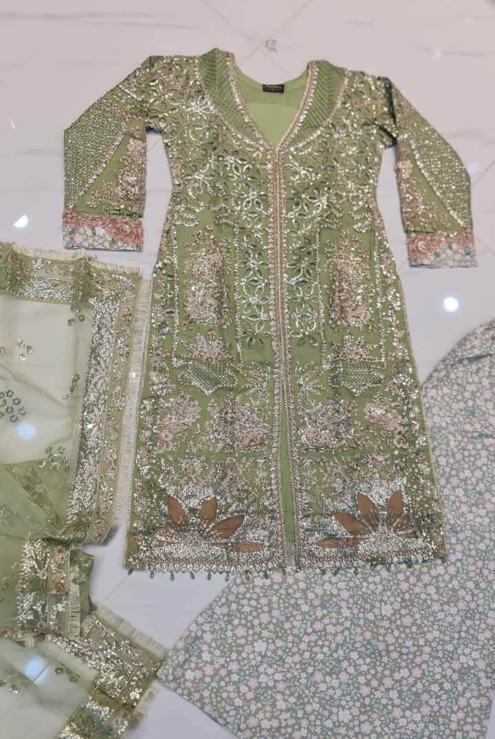Pakistani women's pista green organza open shirt back view