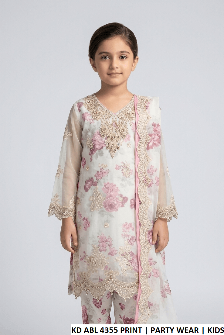 Chiffon straight shirt KD ABL 4355 PRINT - Pakistani girls kids party wear with grip trouser and chiffon dupatta front view