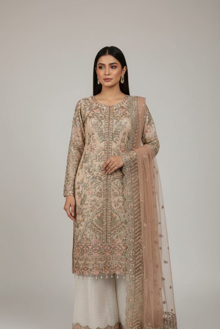 Soft net long shirt plazo skin - Pakistani women's luxury formal wear with masuri trouser and net dupatta front view