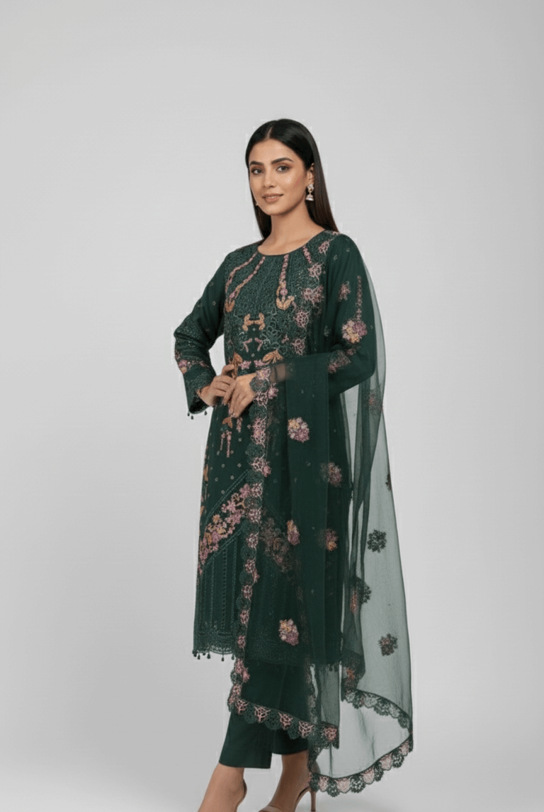 Pakistani women's bottle green chiffon straight shirt plazo back view