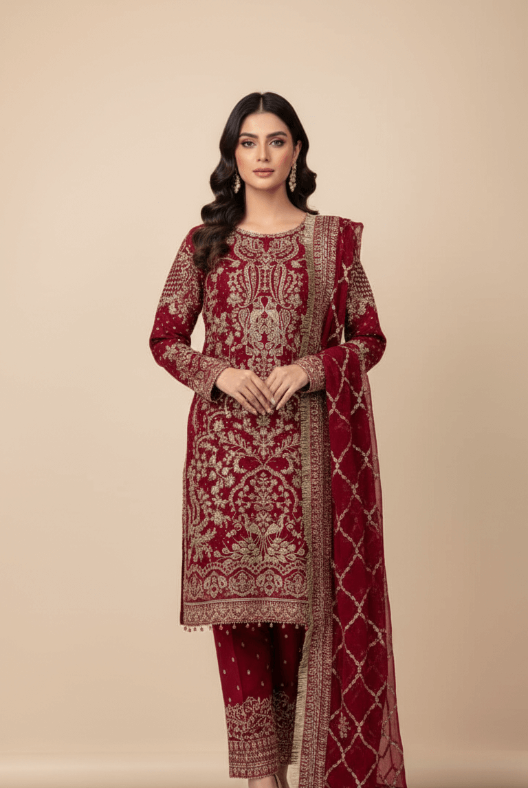 Chiffon straight shirt shalwar maroon - Pakistani women's formal party wear with viscose shalwar and chiffon dupatta front view