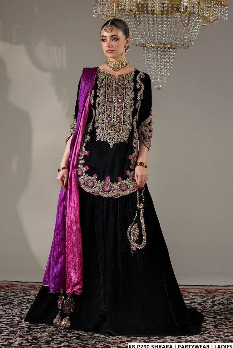 Velvet hand embroidered luxury sharara - Pakistani women's bridal winter formal wear with embroidered dupatta front view