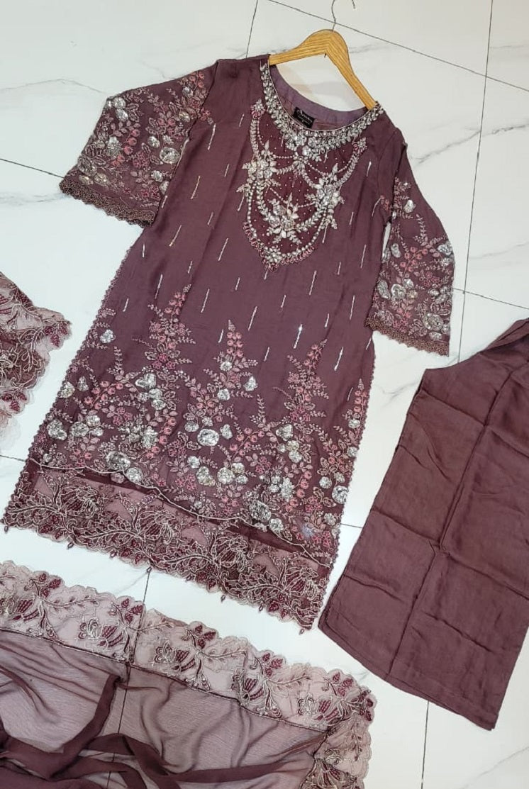Pakistani women's rose gold chiffon straight shirt plazo back view