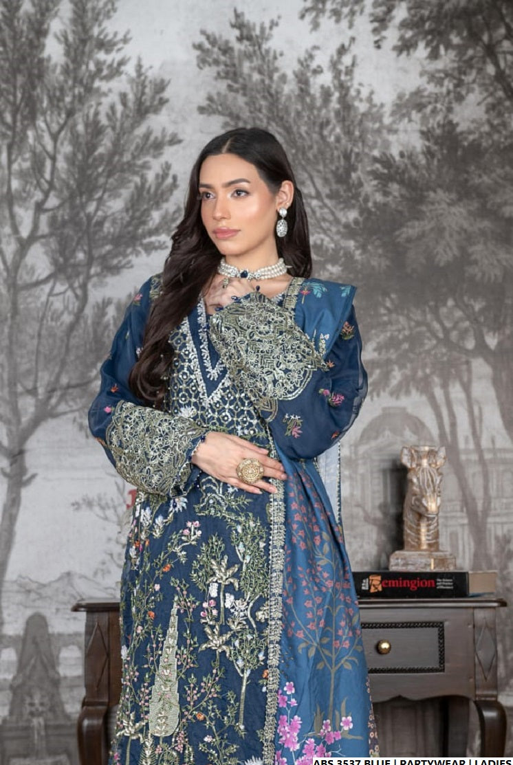 Blue organza Pakistani women's straight shirt side view