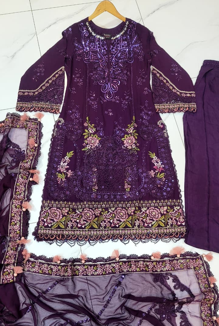 Pakistani women's dark purple organza A-Line shirt full view