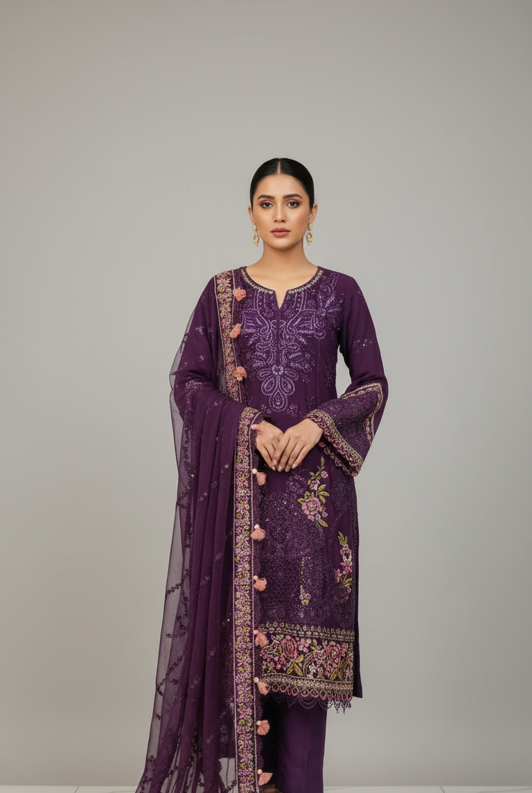 Organza A-Line shirt dark purple - Pakistani women's elegant formal wear with viscose trouser and organza dupatta front view
