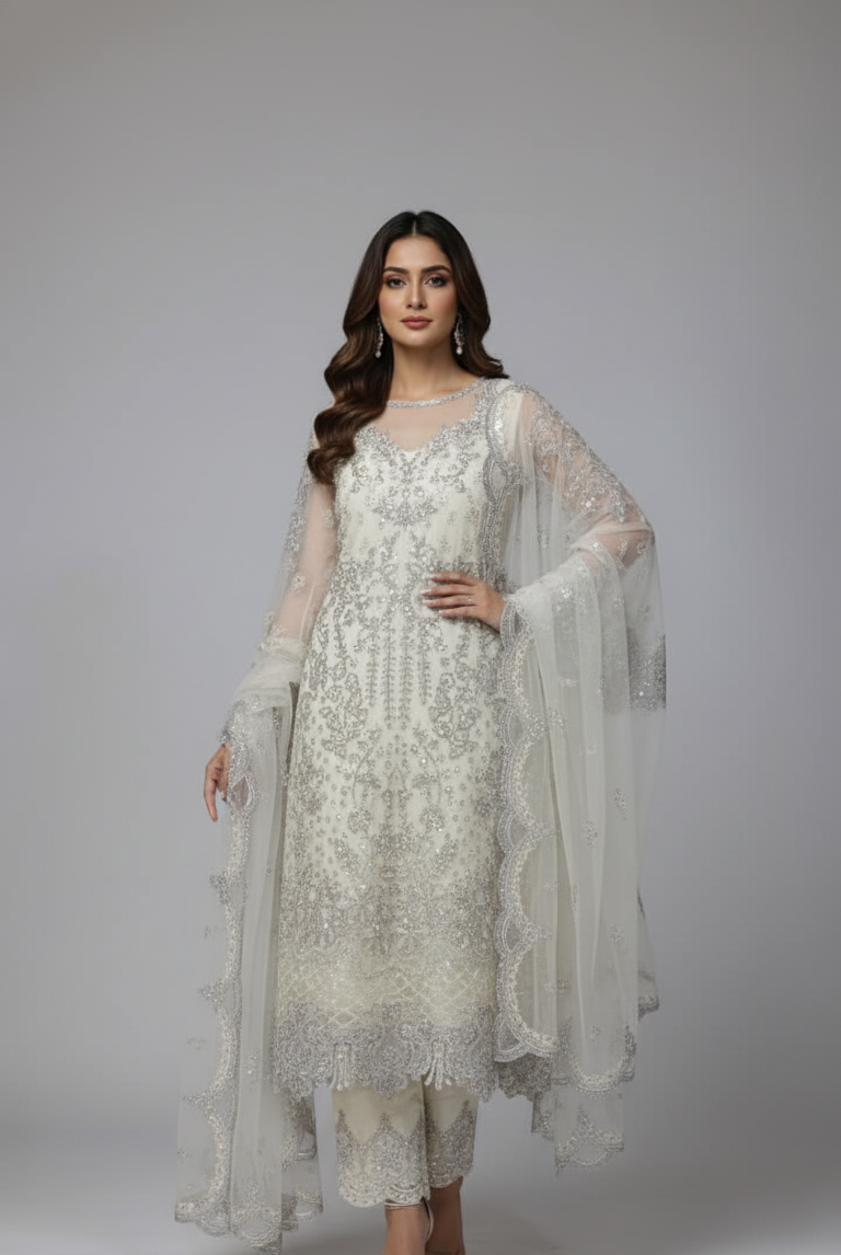 Organza A-Line shirt off white - Pakistani women's elegant formal wear with viscose trouser and organza dupatta front view