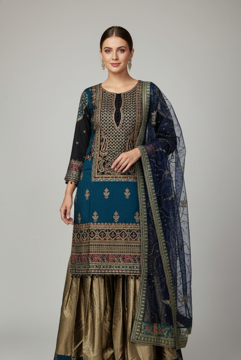 Organza straight shirt plazo zinc grey - Pakistani women's formal party wear with grip plazo and organza dupatta front view