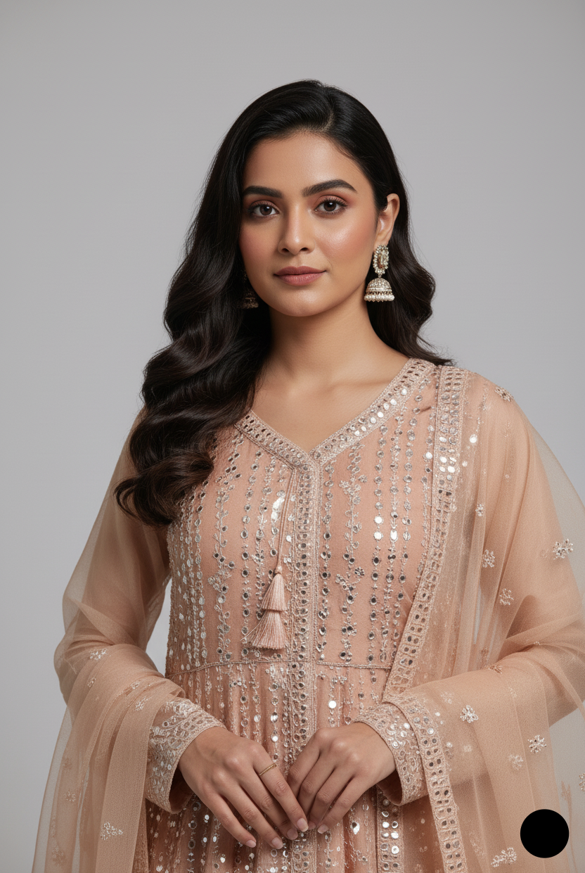 ABL 3771 Pakistani women's masuri net angrakha frock back view