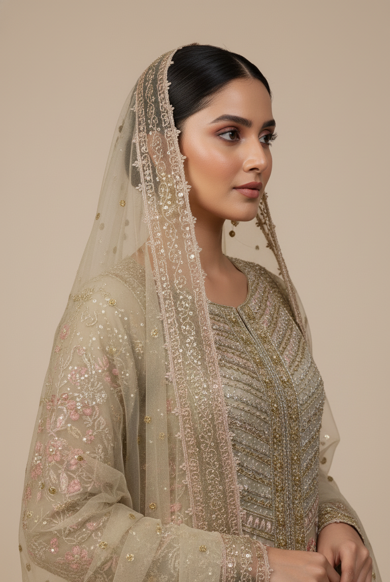 Pakistani women's skin organza straight shirt plazo detail view