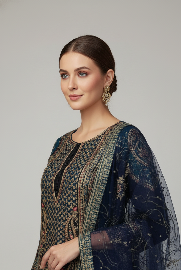 Pakistani women's zinc grey organza straight shirt plazo detail view