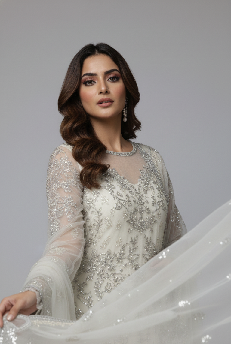 Pakistani women's off white organza A-Line shirt detail view