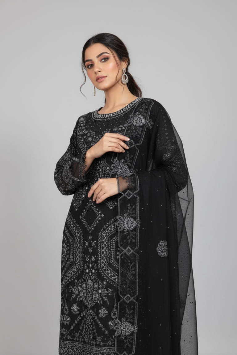 Pakistani women's black chiffon straight shirt detail view
