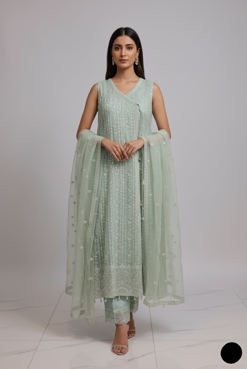 Masuri net angrakha frock ABL 3771 - Pakistani women's elegant outfit with cotton trouser front view