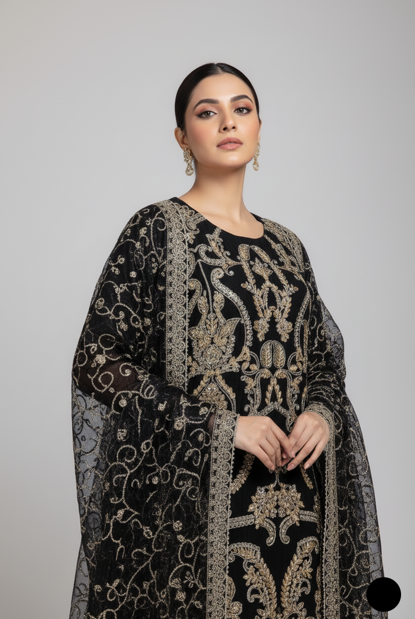 Pakistani women's black organza straight shirt detail view
