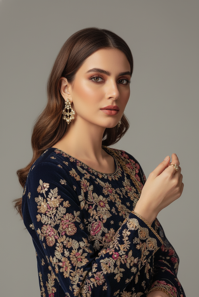 Navy blue chiffon Pakistani women's A-Line shirt side view
