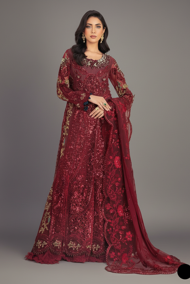 ABL 3979 Pakistani women's organza A-Line lehenga back view