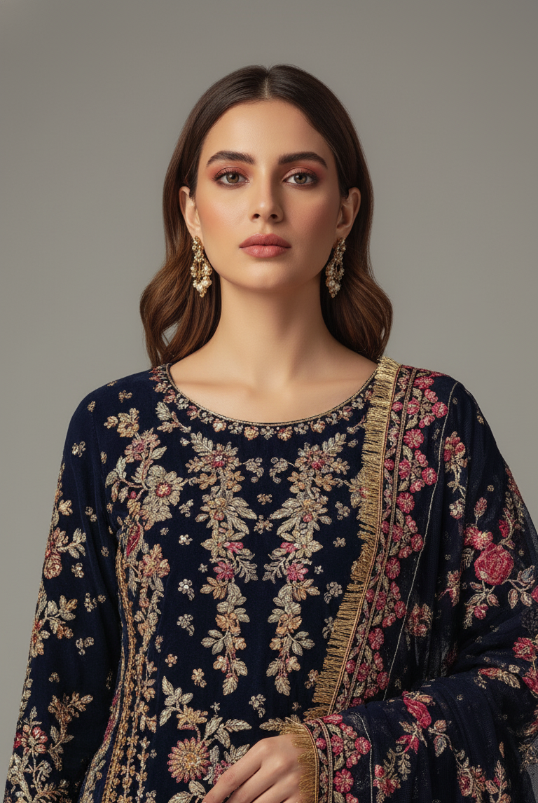 Chiffon A-Line shirt navy blue - Pakistani women's elegant formal wear with viscose trouser and chiffon dupatta front view