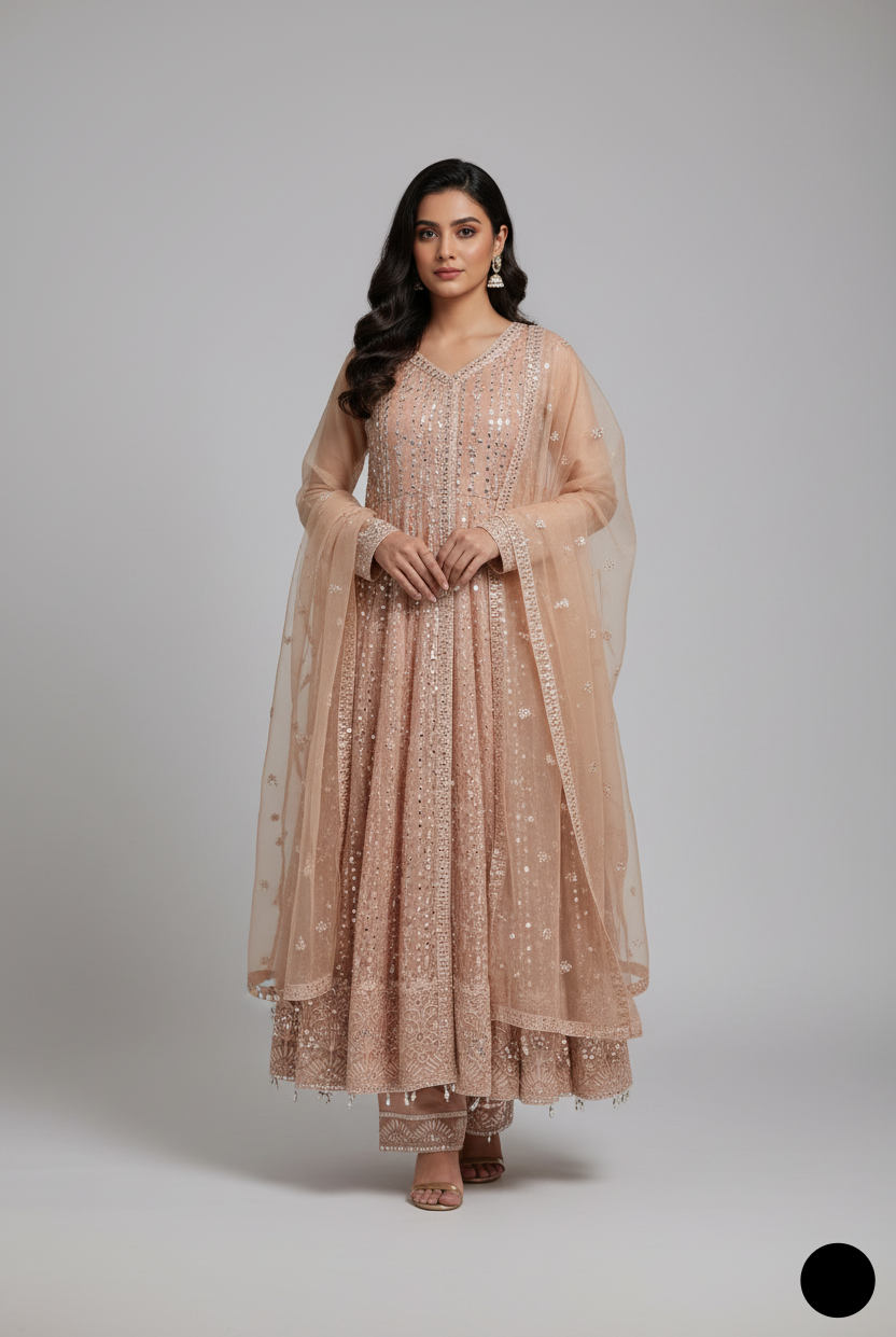 ABL 3771 Pakistani women's masuri net angrakha frock full view