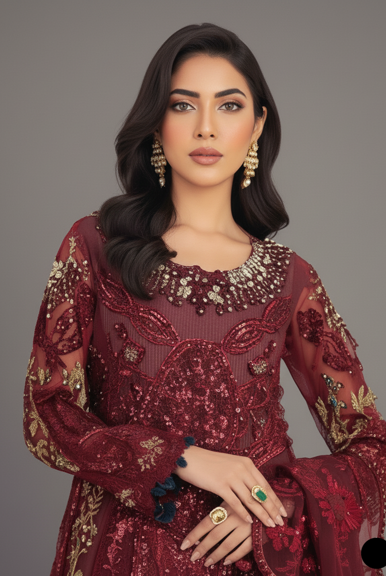 ABL 3979 Pakistani women's organza bridal outfit with chiffon dupatta detail view