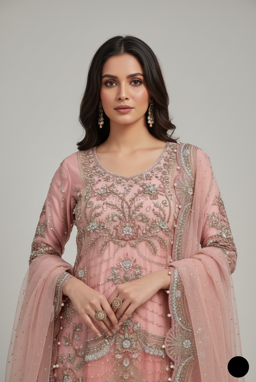 ABL 3905 organza Pakistani women's frock with viscose plazo side view