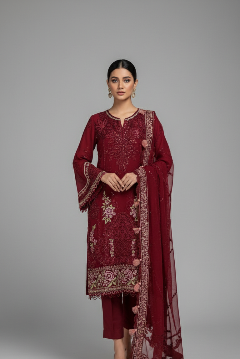 Organza A-Line shirt maroon - Pakistani women's elegant formal wear with viscose trouser and organza dupatta front view