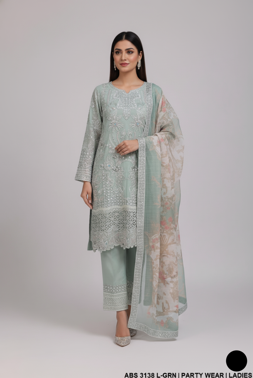 Chiffon straight shirt ABS 3138 - Pakistani women's elegant outfit with grip trouser and masuri net dupatta front view