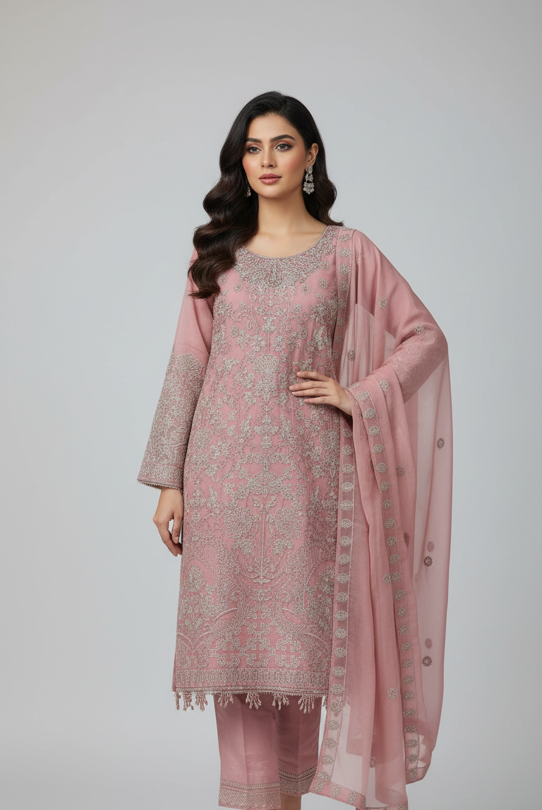 Chiffon straight shirt ABS 2854 - Pakistani women's elegant outfit with grip trouser and chiffon dupatta front view