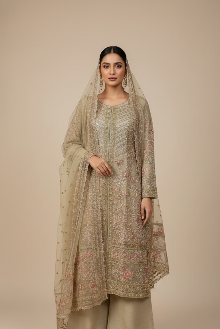 Organza straight shirt plazo skin - Pakistani women's formal party wear with grip plazo and organza dupatta front view