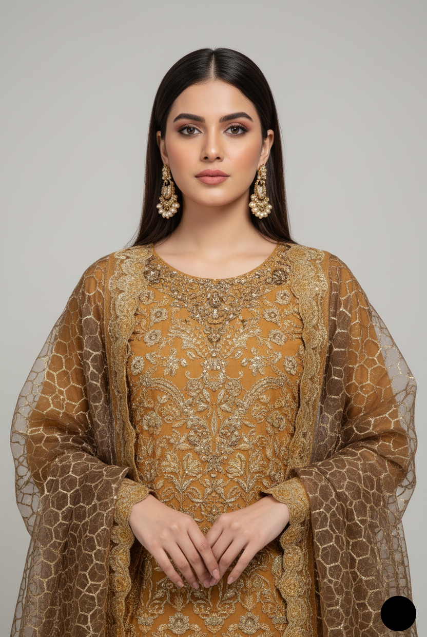 ABS 3172 Pakistani women's organza outfit with organza dupatta detail view