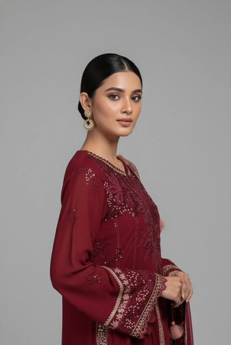 Pakistani women's maroon organza A-Line shirt detail view