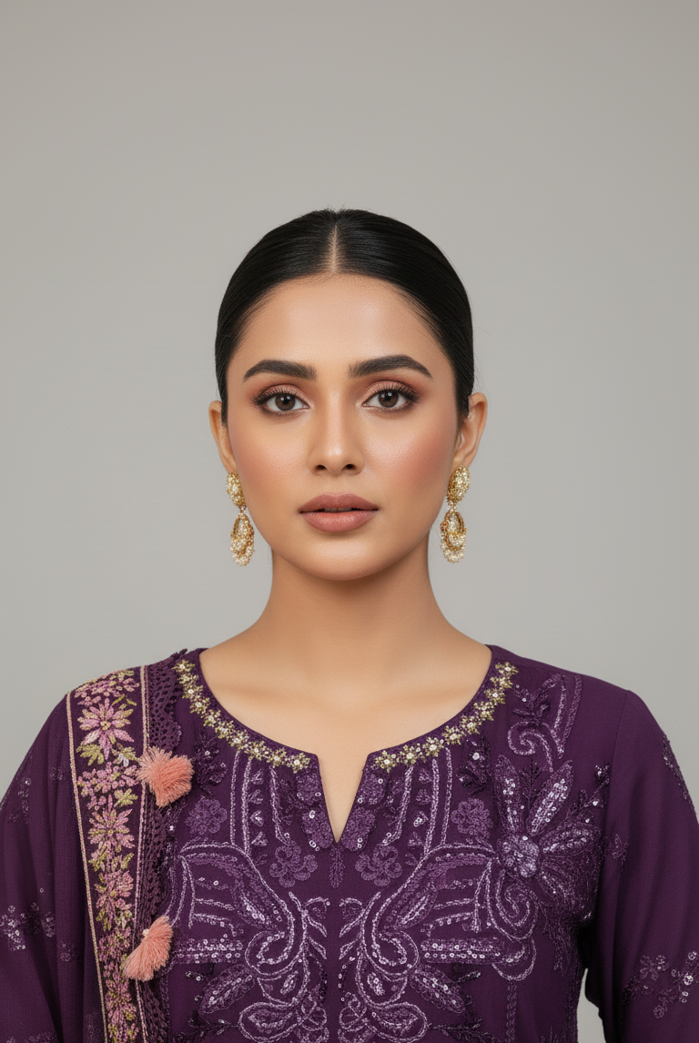 Dark purple organza Pakistani women's A-Line shirt side view