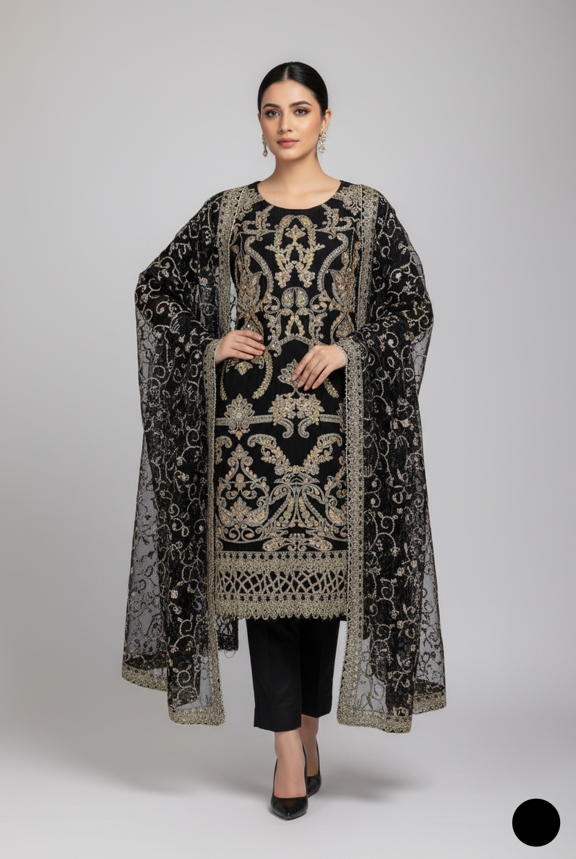 Organza straight shirt black - Pakistani women's elegant formal wear with viscose trouser and organza dupatta front view