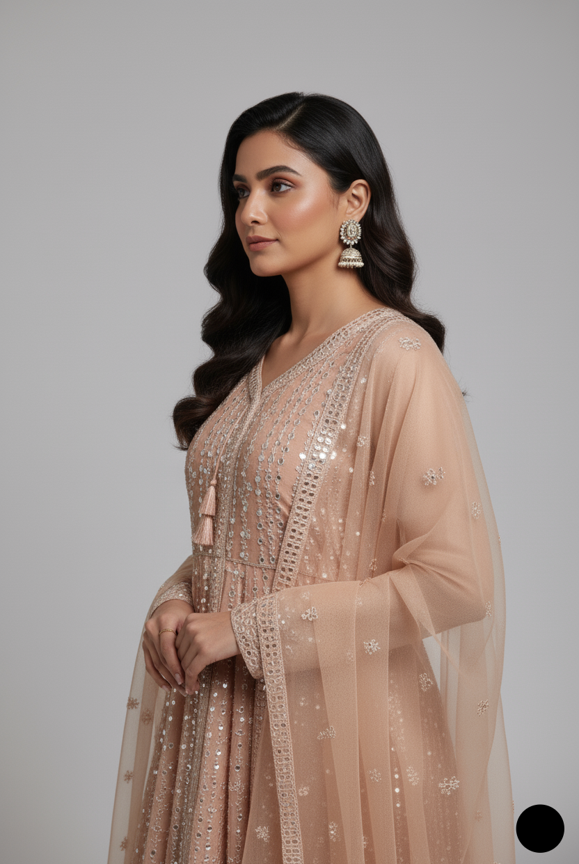 ABL 3771 Pakistani women's masuri net frock with matching dupatta detail view