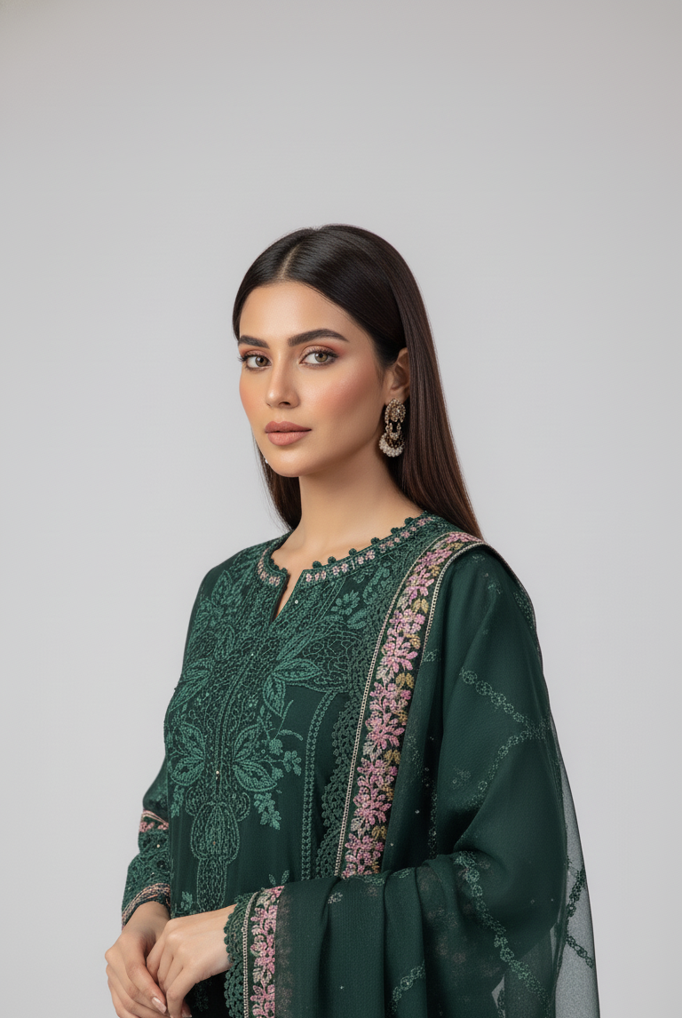 Pakistani women's bottle green organza A-Line shirt detail view