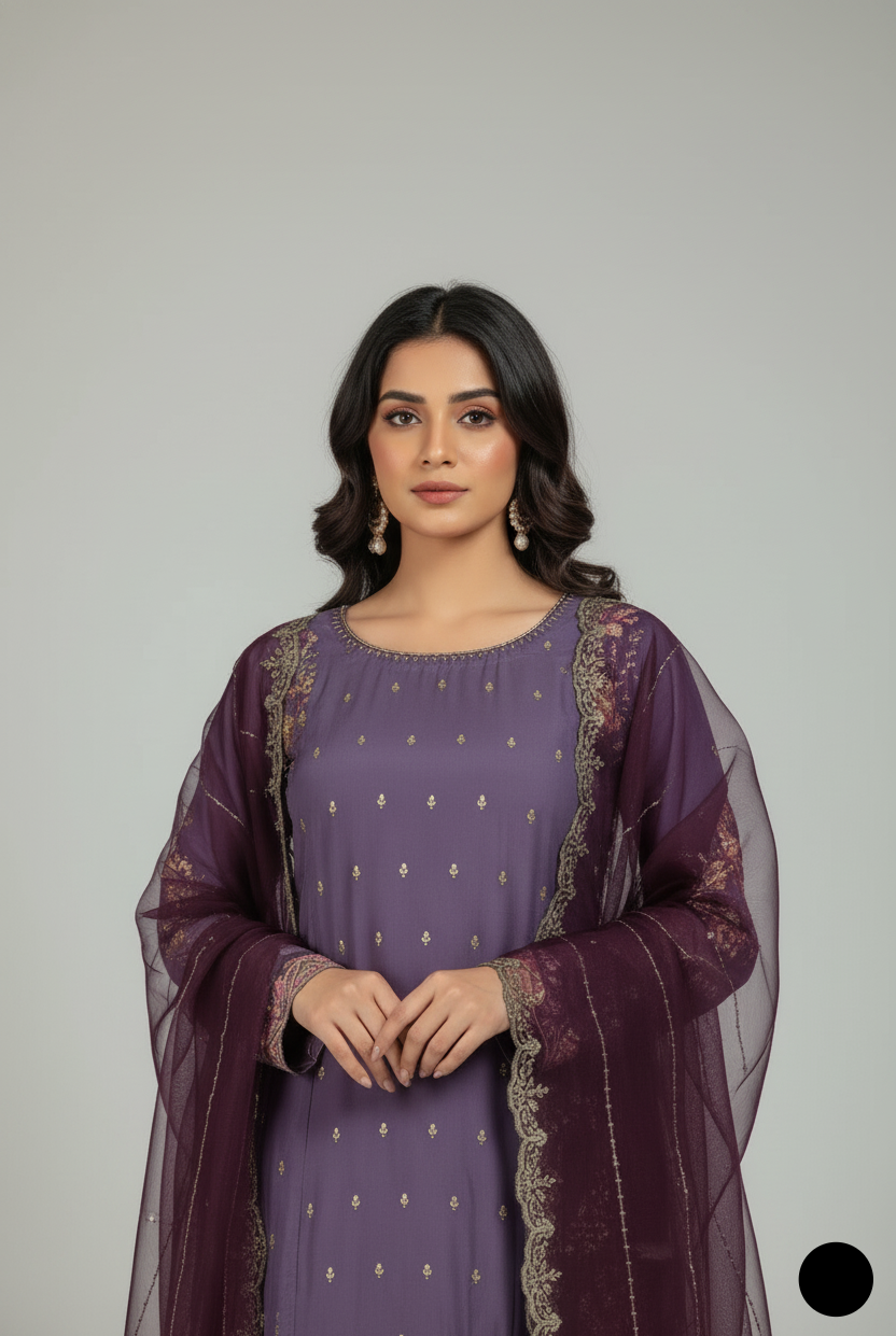 Purple chiffon Pakistani women's straight shirt with plazo side view