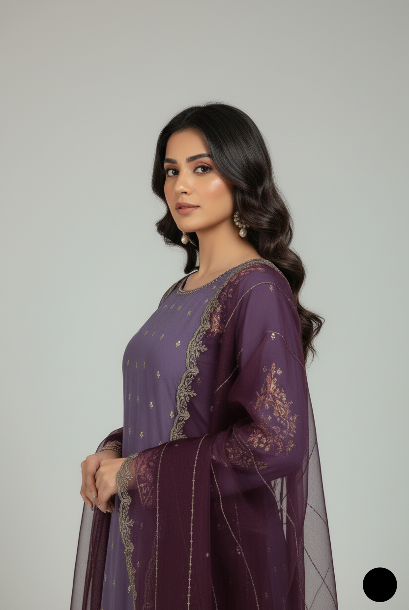 Pakistani women's purple chiffon straight shirt plazo detail view
