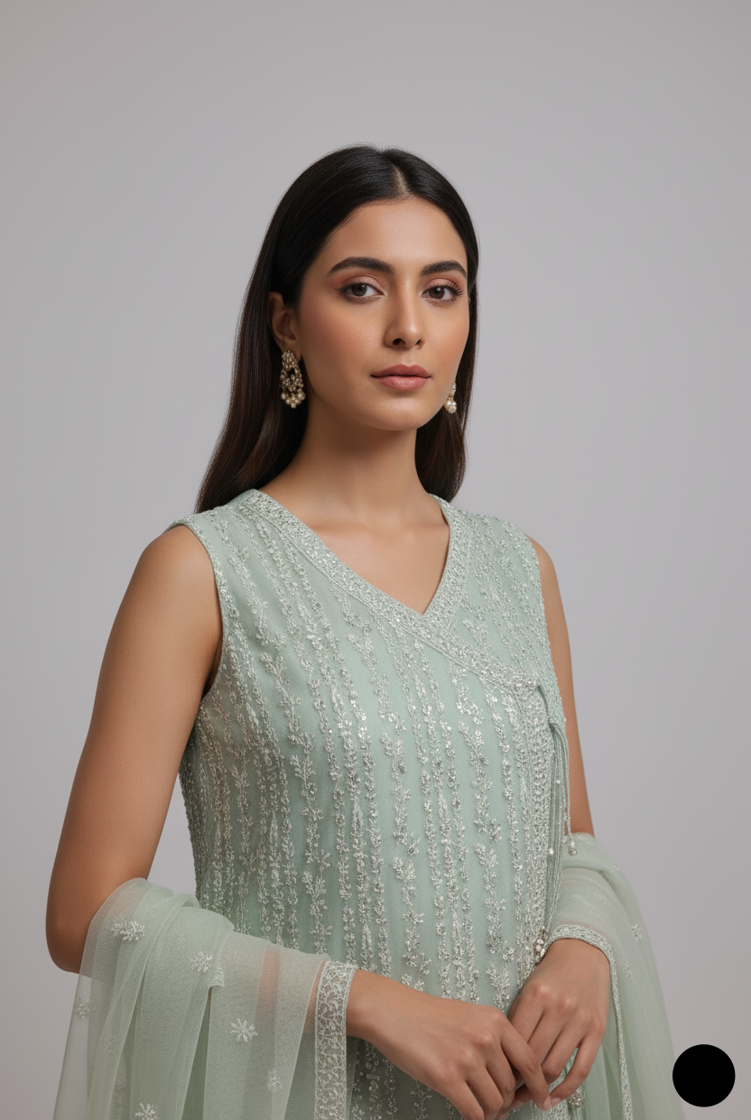 ABL 3771 masuri net Pakistani women's angrakha frock side view