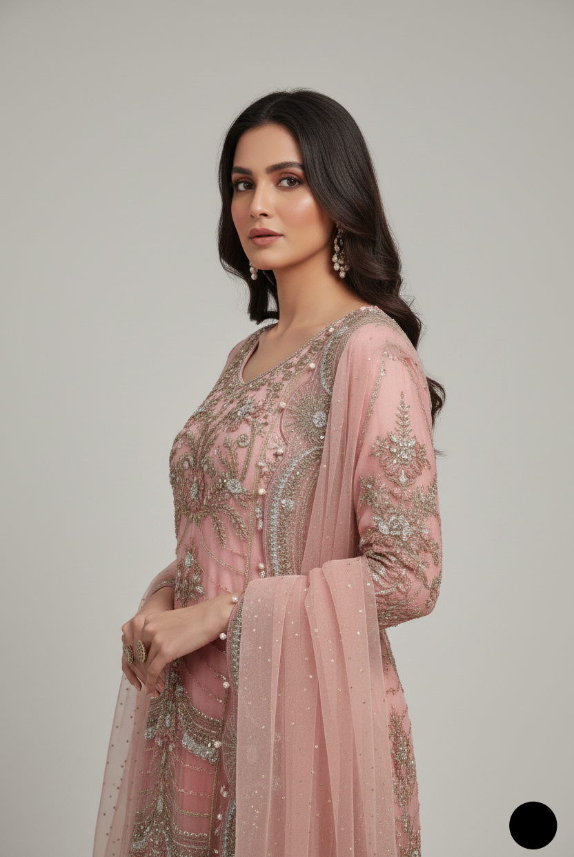 ABL 3905 Pakistani women's organza frock with plazo detail view