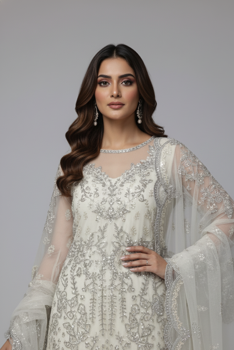 Off white organza Pakistani women's A-Line shirt side view