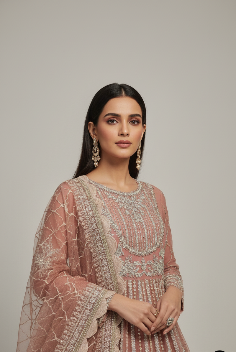 ABL 3987 net Pakistani women's long frock with viscose lehenga side view