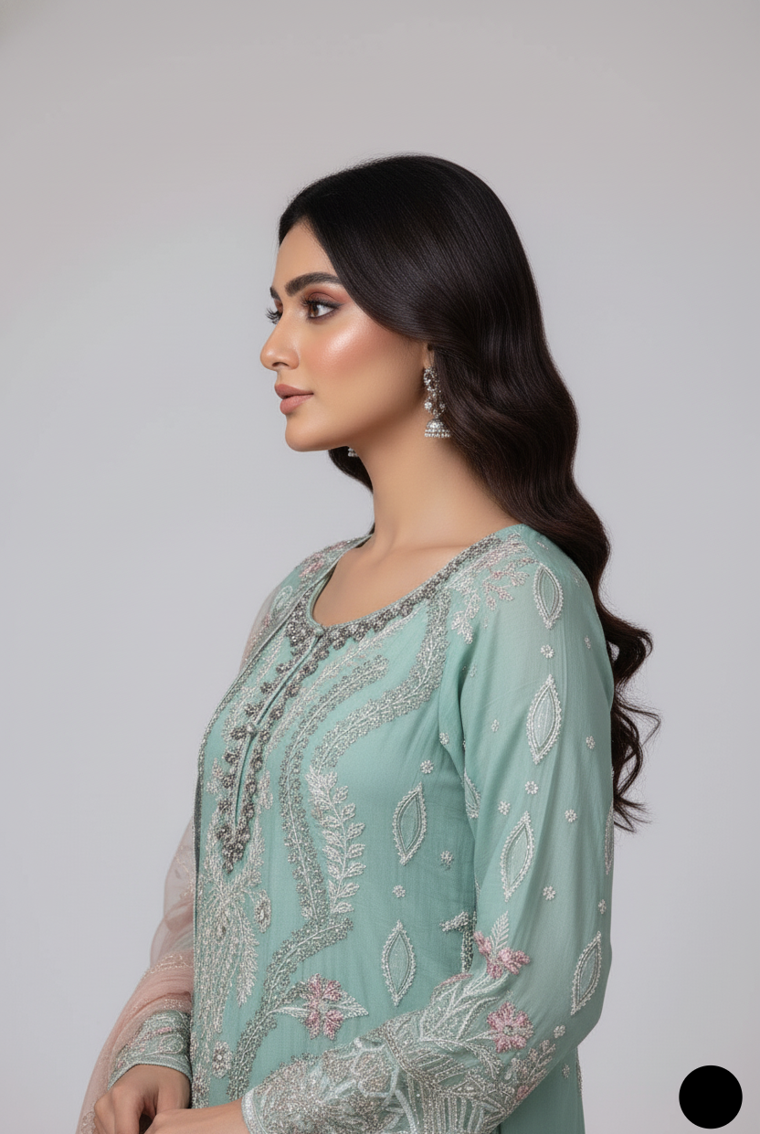 Pakistani women's ferozi chiffon straight shirt plazo detail view