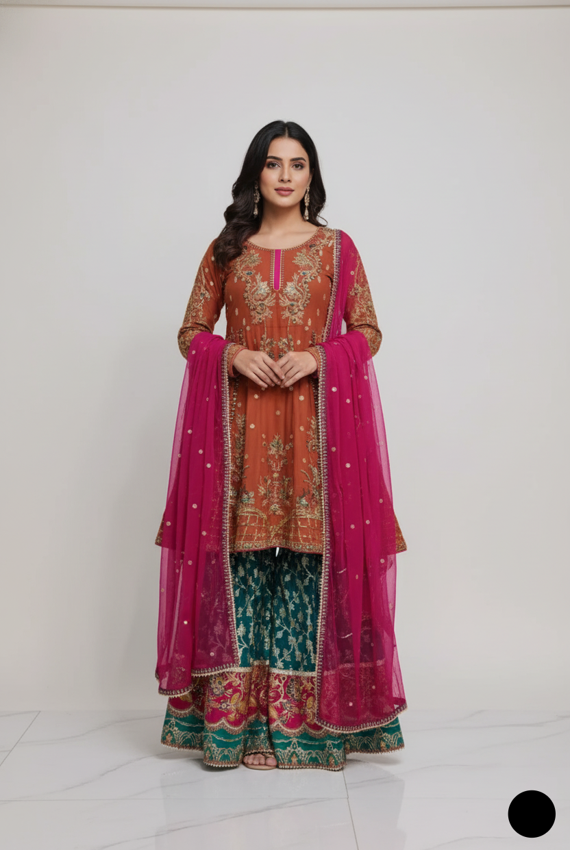 Chiffon frock plazo ABS 3001 - Pakistani women's party wear with zari organza dupatta front view