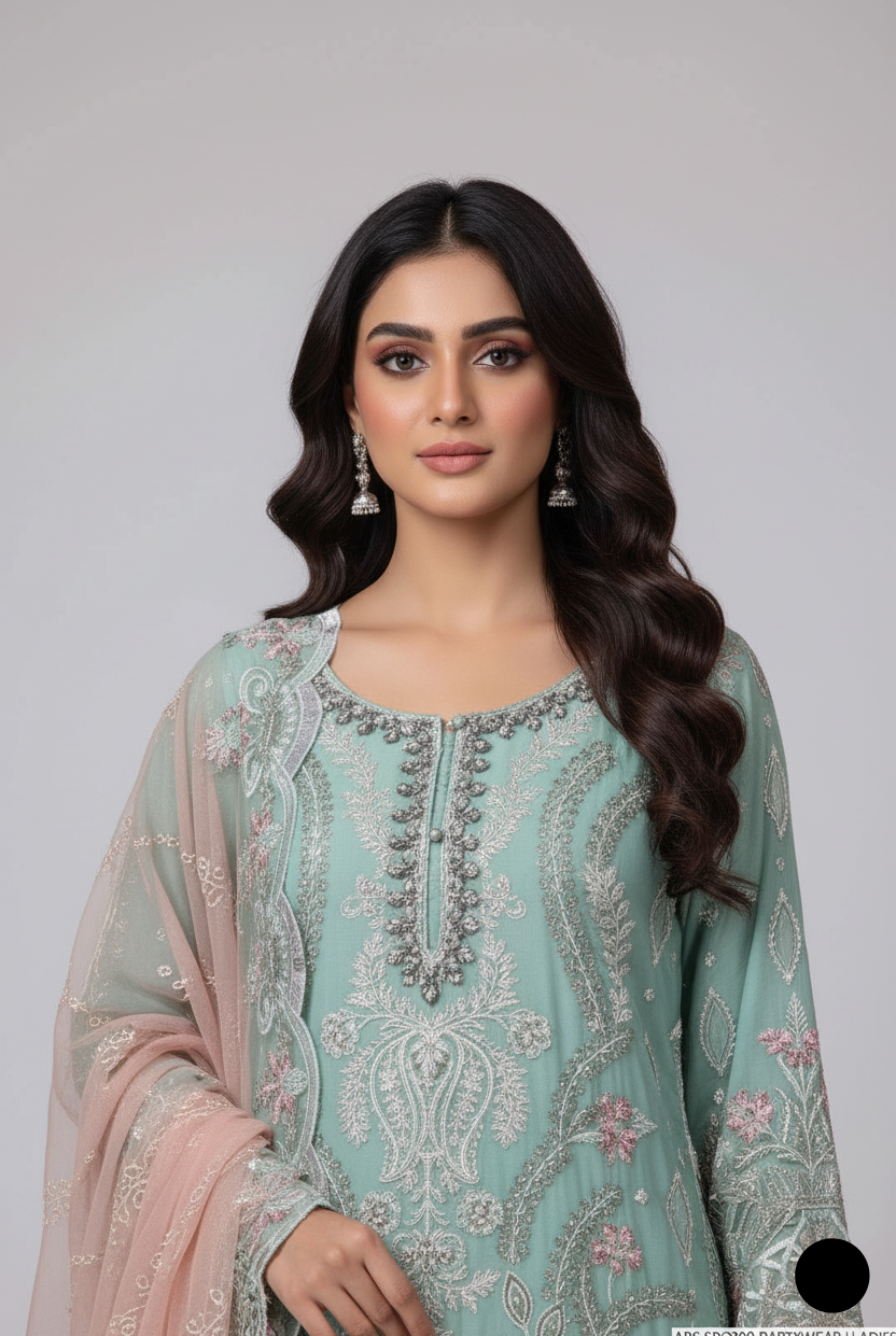 Ferozi chiffon Pakistani women's straight shirt with plazo side view