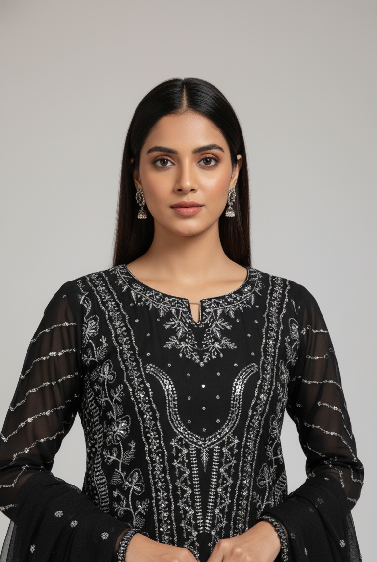 Organza straight shirt plazo black - Pakistani women's formal party wear with grip plazo and organza dupatta front view